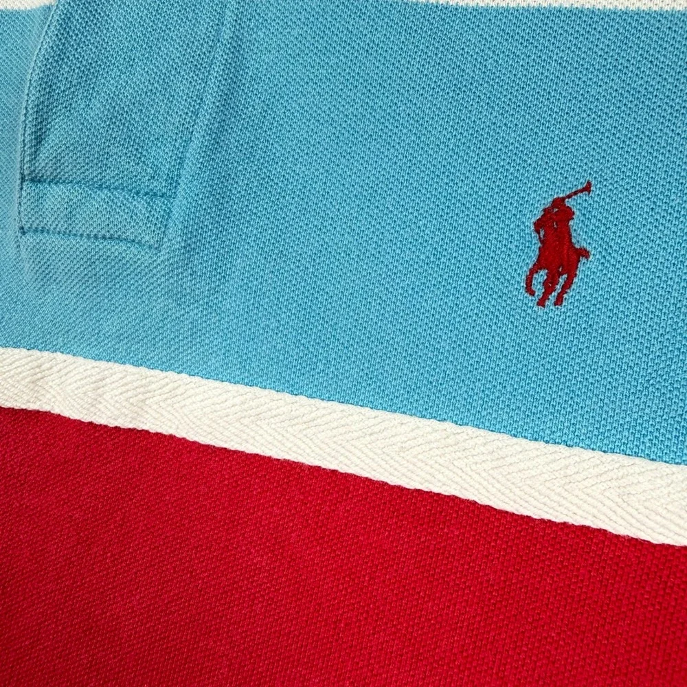 Polo Ralph Lauren Polo Shirt Mens L Blue Red Orange Striped Colorblock Pique
